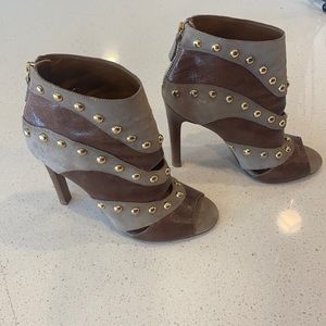 Open toe tan and brown leather ankle boots